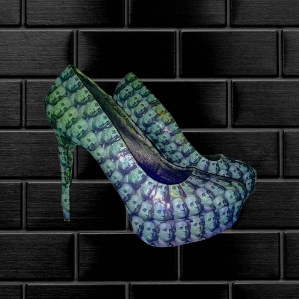 Size 10 Money Heels Blue 100 Dollar BIlls Shoes